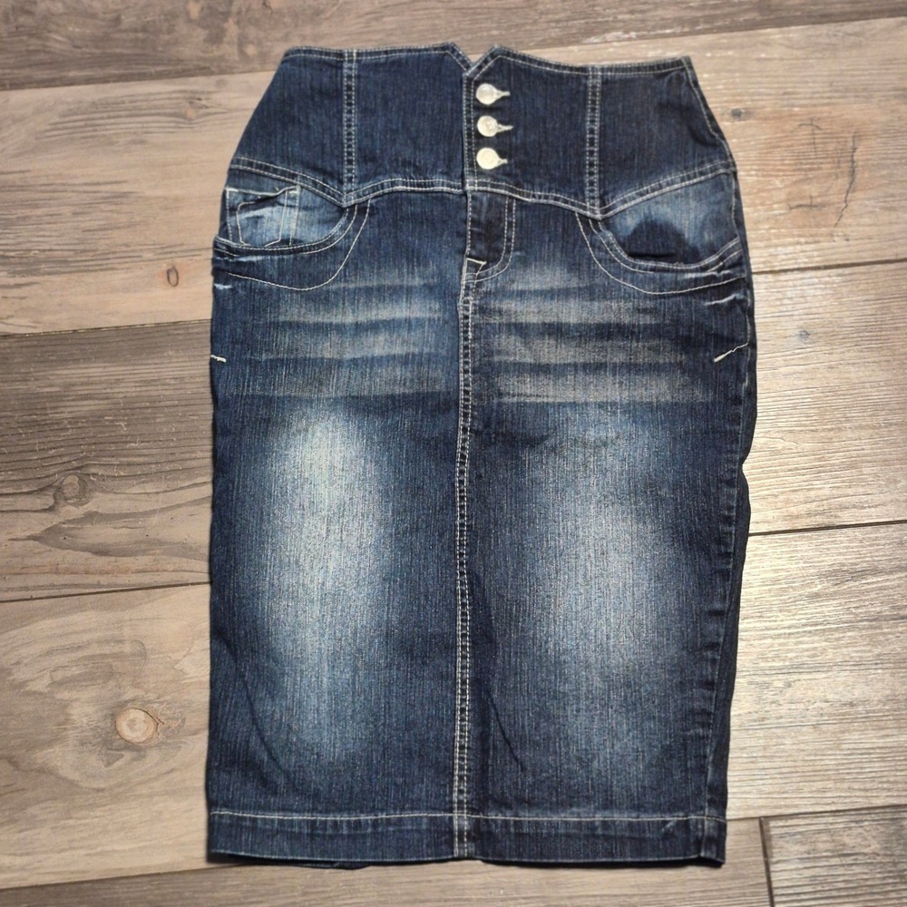 Deb Jeans High Waisted Denim Pencil Skirt Dark Wash Whiskered Y2K Size 0